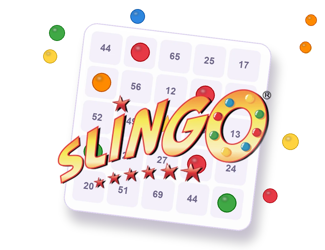 Slingo-logo met 5x5 bingokaart en gekleurde ballen